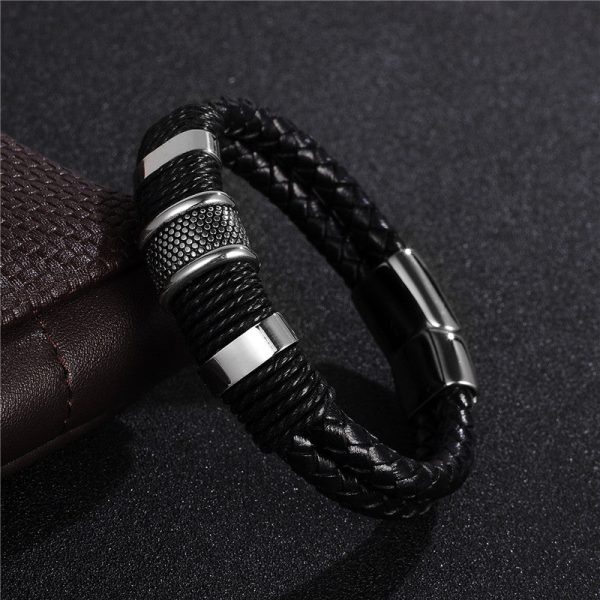 Black Braid Woven Leather Bracelet Titanium Stainless Steel Bracelet Men Bangle