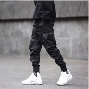 Black Hip Hop Cargo Pants Elastic Waist Jogger Trousers Sweatpants Pockets Full Length