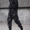 Black Hip Hop Cargo Pants Elastic Waist Jogger Trousers Sweatpants Pockets Full Length