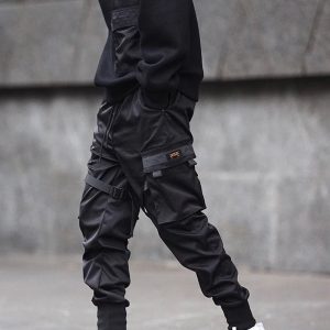 Black Hip Hop Cargo Pants Elastic Waist Jogger Trousers Sweatpants Pockets Full Length