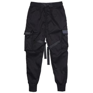 Black Hip Hop Cargo Pants Elastic Waist Jogger Trousers Sweatpants Pockets Full Length