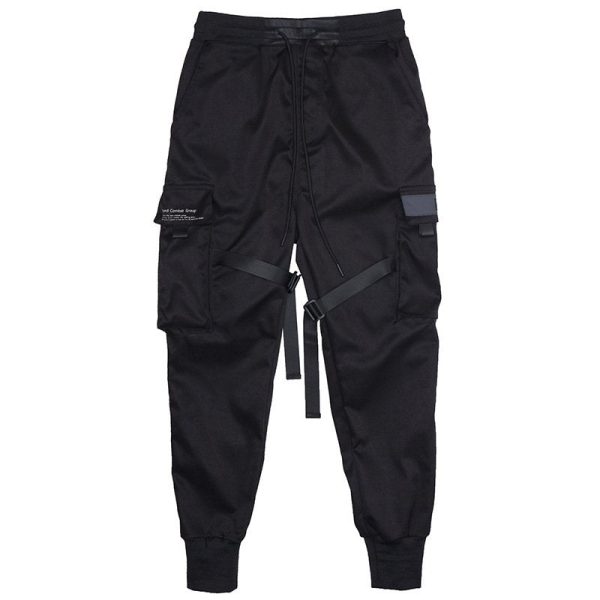 Black Hip Hop Cargo Pants Elastic Waist Jogger Trousers Sweatpants Pockets Full Length