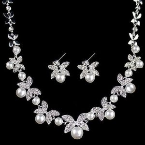 Bride Wedding Jewelry Accessories Fashion Diamond Pearl Necklace Earrings Set