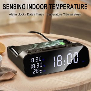 15W Three-In-One Wireless Charger Multi Alarm Clock Thermometer Fast Charging Station