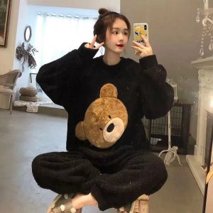 Cartoon Print Pajamas Sets Winter Warm Long Sleeve Sleepwear Home Nightclothes