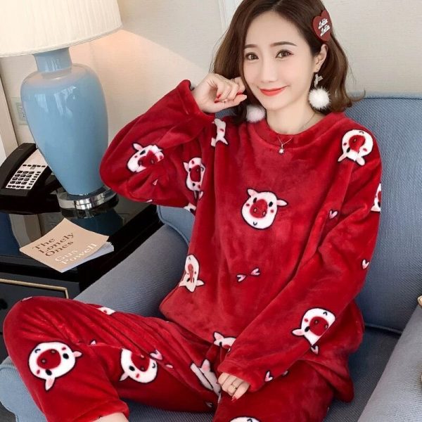 Cartoon Print Pajamas Sets Winter Warm Long Sleeve Sleepwear Home Nightclothes