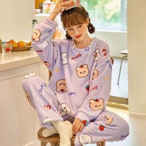 Cartoon Print Pajamas Sets Winter Warm Long Sleeve Sleepwear Home Nightclothes