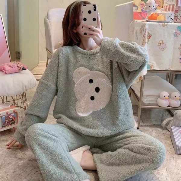 Cartoon Print Pajamas Sets Winter Warm Long Sleeve Sleepwear Home Nightclothes