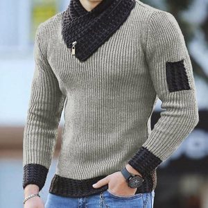 Casual Slim Knit Pullover Long Sleeve Scarf Collar Sweater Men'S