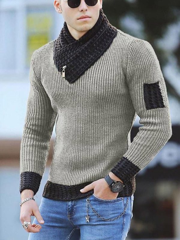 Casual Slim Knit Pullover Long Sleeve Scarf Collar Sweater Men'S