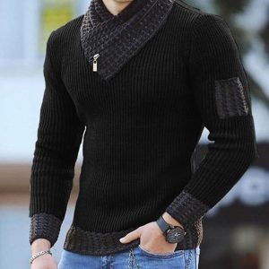 Casual Slim Knit Pullover Long Sleeve Scarf Collar Sweater Men'S