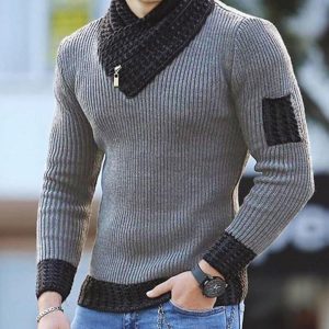 Casual Slim Knit Pullover Long Sleeve Scarf Collar Sweater Men'S