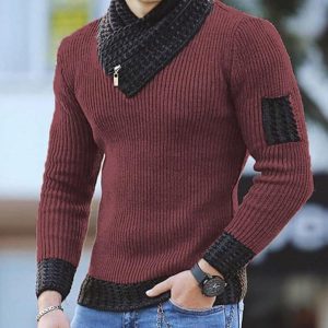 Casual Slim Knit Pullover Long Sleeve Scarf Collar Sweater Men'S