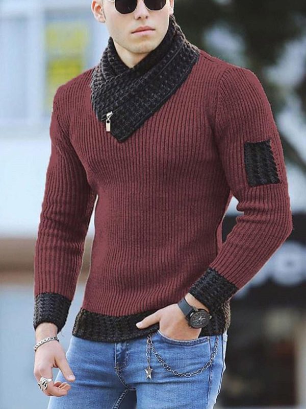 Casual Slim Knit Pullover Long Sleeve Scarf Collar Sweater Men'S