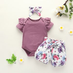 Children'S Solid Color Top Rose Shorts Set