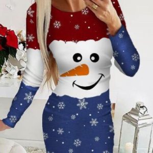 Christmas Elements Digital Positioning Printed Long Sleeve Slim Dress