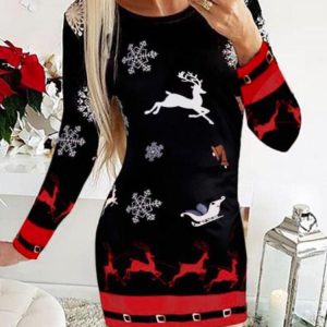 Christmas Elements Digital Positioning Printed Long Sleeve Slim Dress