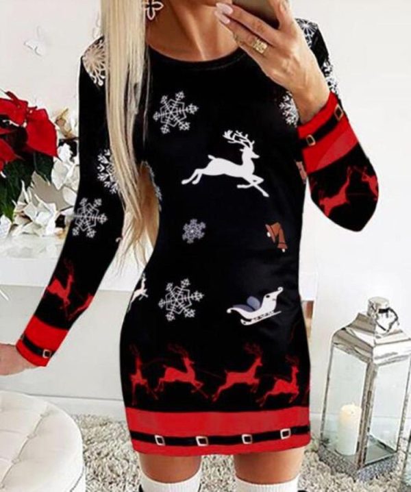 Christmas Elements Digital Positioning Printed Long Sleeve Slim Dress