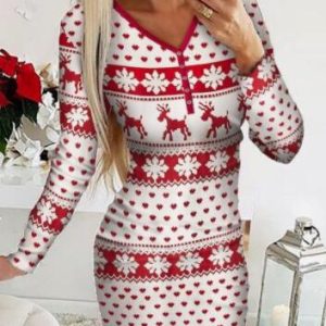 Christmas Elements Digital Positioning Printed Long Sleeve Slim Dress