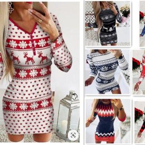 Christmas Elements Digital Positioning Printed Long Sleeve Slim Dress