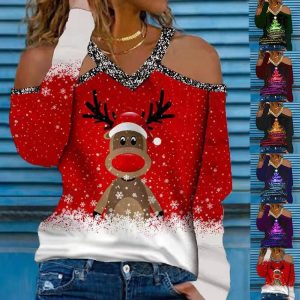 Christmas Elements V Neck Long Sleeved T Shirt Women'S Bottoming Shirt