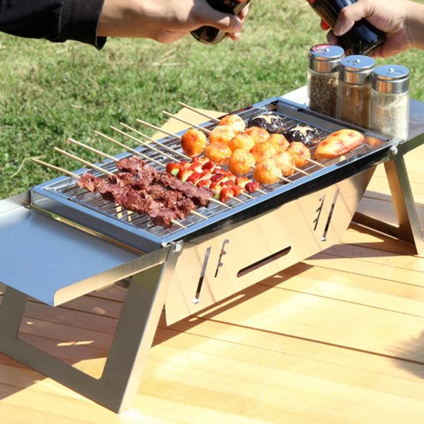 Portable Camping Bbq Grill 3 Hight Adjustable Stainless Steel Folding Charcoal Backpacking Stove With Grill Gloves Carry Bag