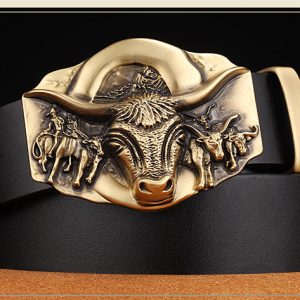 Cowhide Leather Belt With Bull Copper Buckle