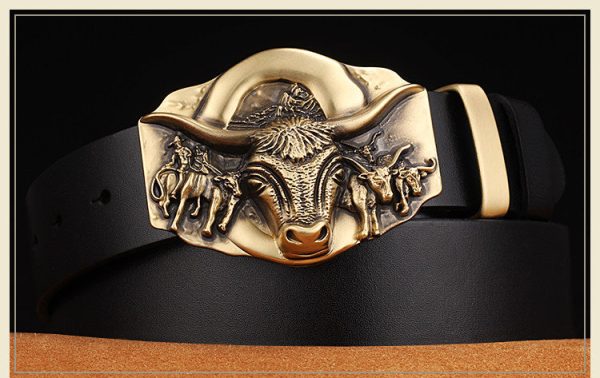 Cowhide Leather Belt With Bull Copper Buckle