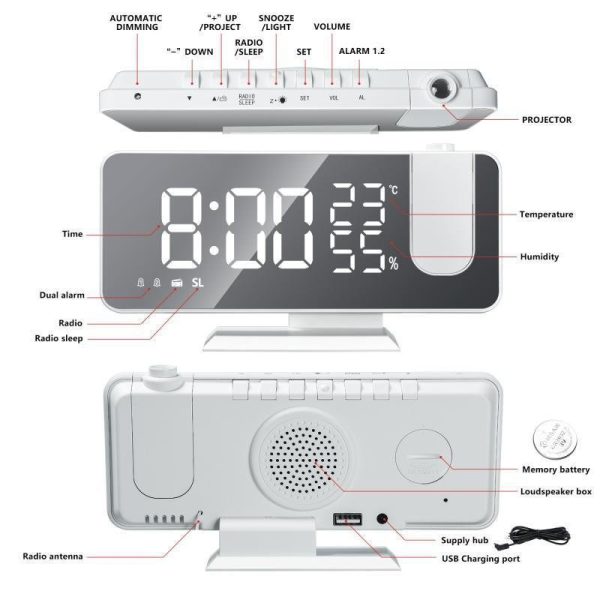 Fm Radio, Led Digital Smart Alarm Clock, Table Clock, Usb Alarm Clock With Projection Time