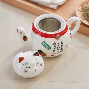 Lucky Cat Maneki Neko Ceramic Tea Cup Pot With Strainers