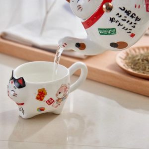 Lucky Cat Maneki Neko Ceramic Tea Cup Pot With Strainers