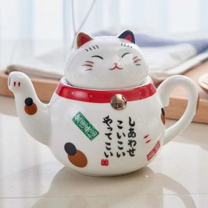 Lucky Cat Maneki Neko Ceramic Tea Cup Pot With Strainers