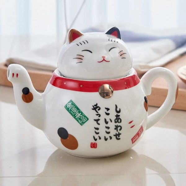 Lucky Cat Maneki Neko Ceramic Tea Cup Pot With Strainers