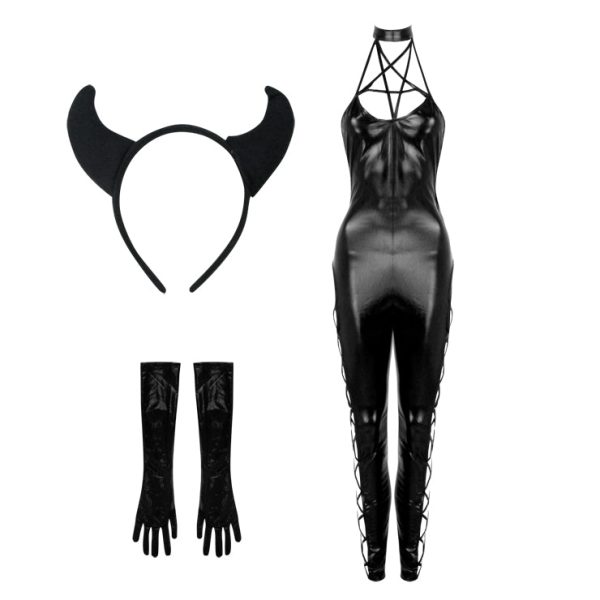 Bewitch Halloween Pentagram Halter Catsuit Costume