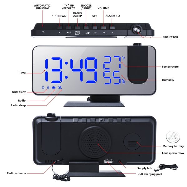 The Temperature And Humidity Multifunctional Radio Projection Creative Led Mirror Clock