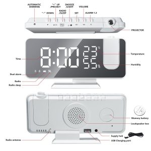 The Temperature And Humidity Multifunctional Radio Projection Creative Led Mirror Clock