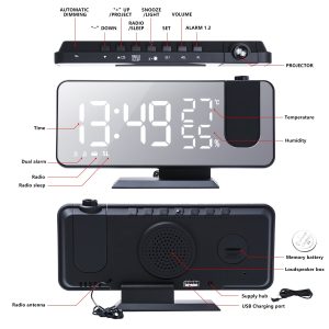 The Temperature And Humidity Multifunctional Radio Projection Creative Led Mirror Clock