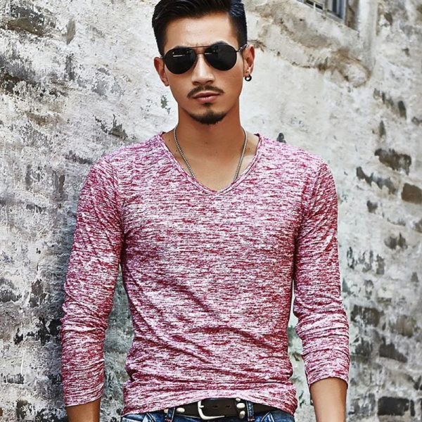 V-Neck Slim Fit Long Sleeve T-Shirt Men