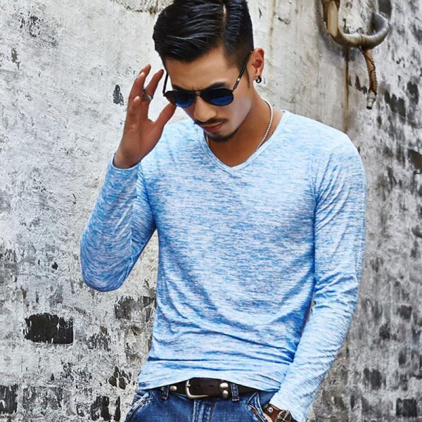 V-Neck Slim Fit Long Sleeve T-Shirt Men