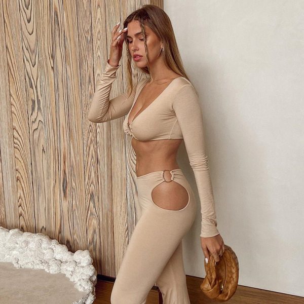 V-Neck Solid Color Short Long Sleeve Top High Waist Hollow Leggings Two Piece Set