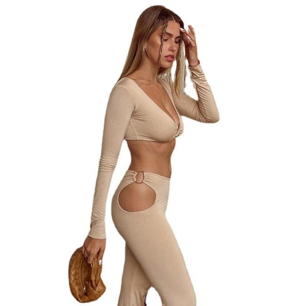 V-Neck Solid Color Short Long Sleeve Top High Waist Hollow Leggings Two Piece Set