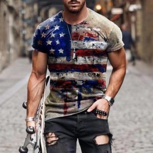 Vintage Usa Flag Print O-Neck T Shirt