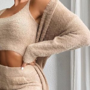 Women Fashion Solid Fluffy Plain Crop Top & Skinny Pants & Longline Coat Set