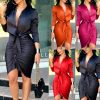 Women Lace-Up Solid Color Long Sleeve Midi Dress Shirt Dress Elegant Fashion Party Dress