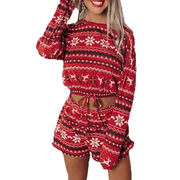 Women Printed Long Sleeve Loose Christmas Home Set