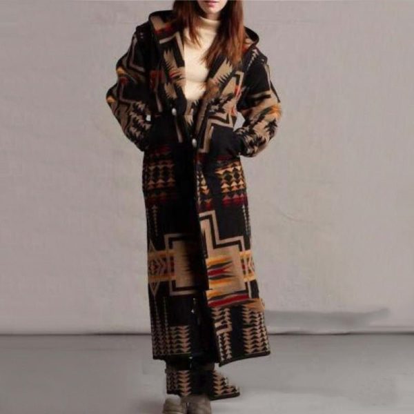 Women'S Long Trench Coat Printed Hooded Coat