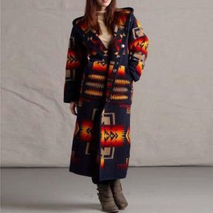 Women'S Long Trench Coat Printed Hooded Coat