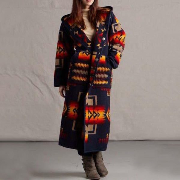 Women'S Long Trench Coat Printed Hooded Coat