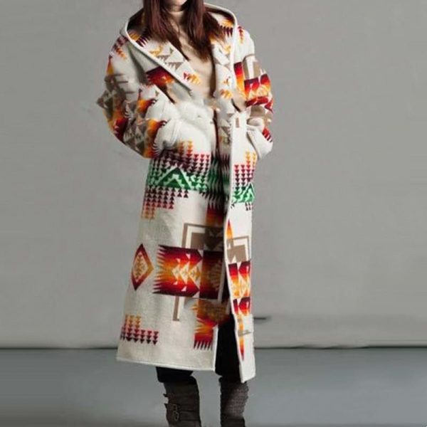 Women'S Long Trench Coat Printed Hooded Coat