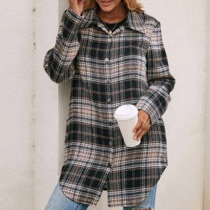 Women'S Loose Casual Plush Plaid Shirt Jacket